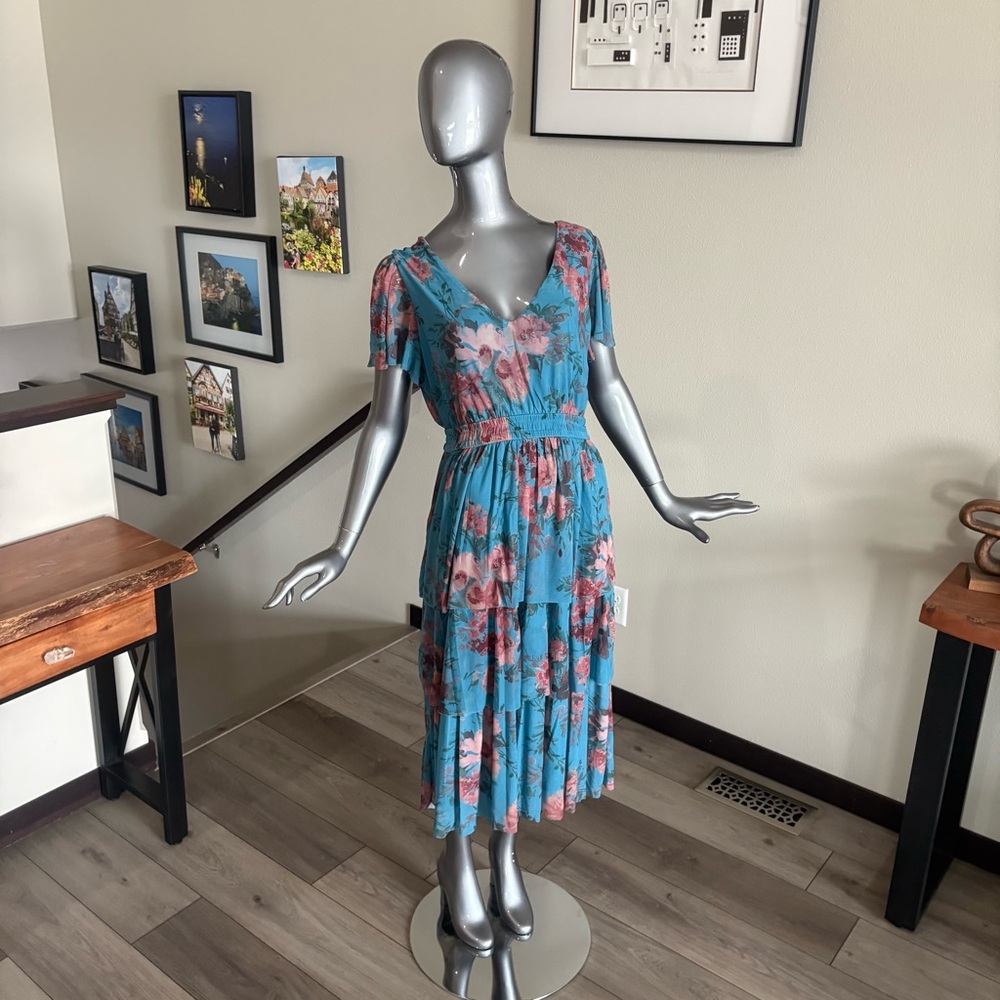 Maurices Blue and Pink Floral Midi Dress